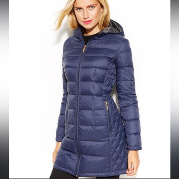 Michael Kors Dark Blue Hooded Puffer down packable Jacket - Picture 1 of 15